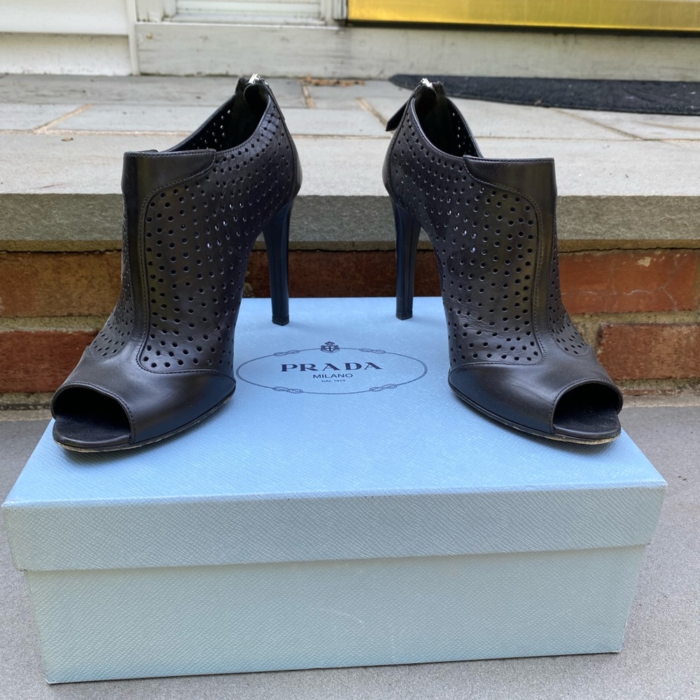 Prada peep toe zipper back booties